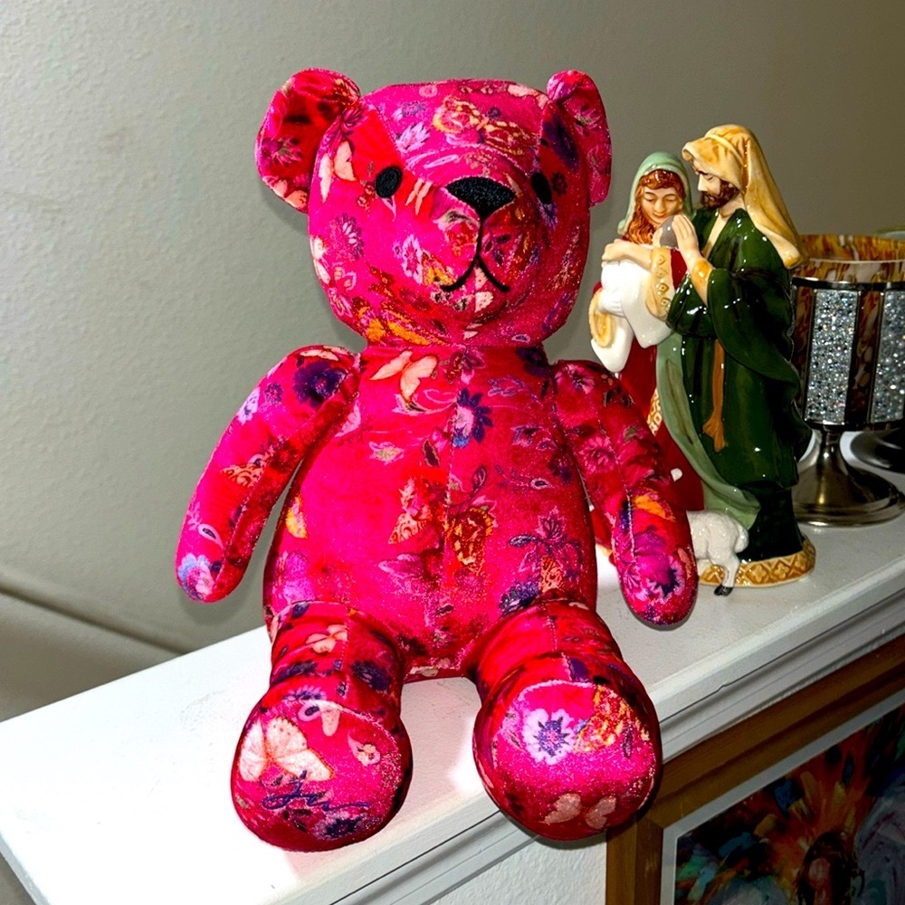 Johnny Was Hot Pink Floral Velvet Teddy Bear